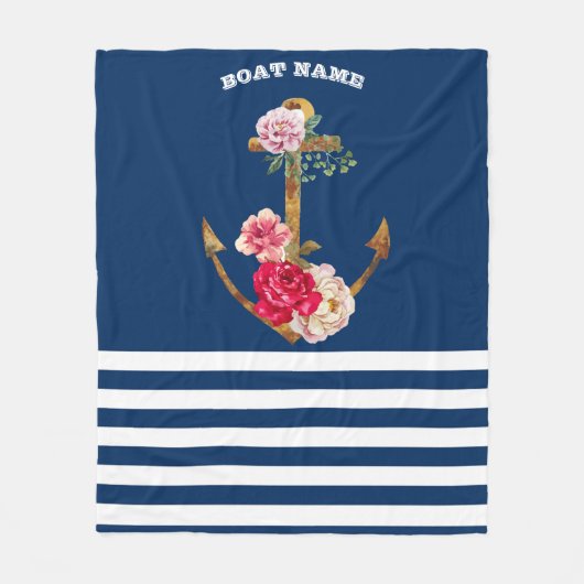 Nautische, Anker-Blume Navy Blue Stripes Fleecedecke (Vorderseite)