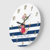 Nautische, Anker-Blume Navy Blue Stripes Große Wanduhr (Winkel)
