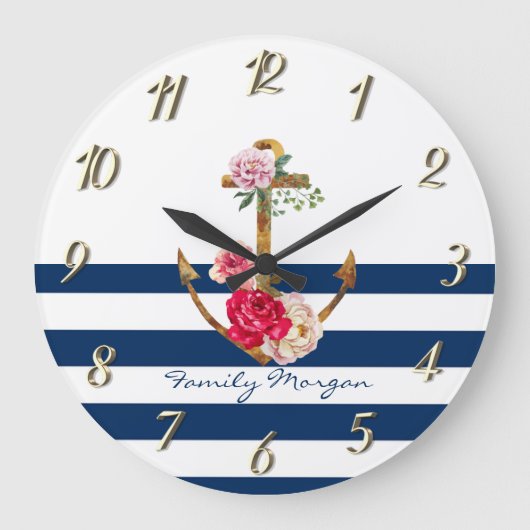 Nautische, Anker-Blume Navy Blue Stripes Große Wanduhr (Vorderseite)