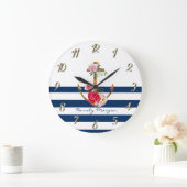 Nautische, Anker-Blume Navy Blue Stripes Große Wanduhr (Zuhause)