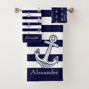 Nautische Anker Navy Blau und Weiße Streifen Badhandtuch Set