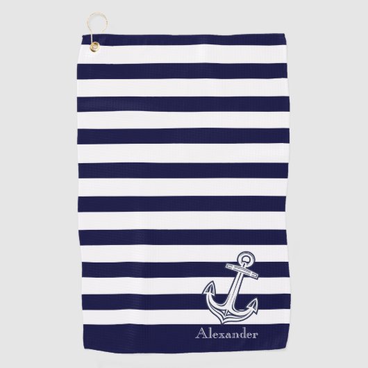 Nautische Anker Navy Blau und Weiße Streifen Golfhandtuch (Vorderseite)