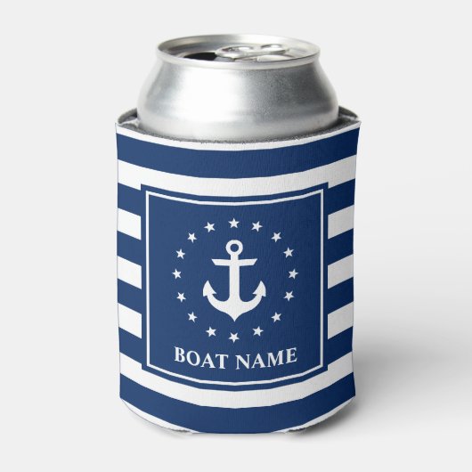 Nautische Anker Navy Blue Strip Boat Name Stars Dosenkühler (Kanne Vorderseite)