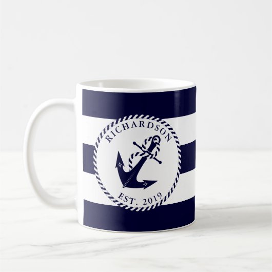 Nautische Anker Navy Blue und White Stripes Custom Kaffeetasse (Links)