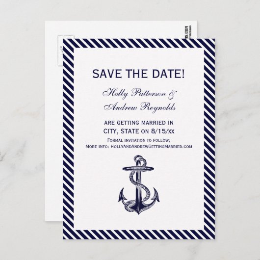 Nautische Anker-Navy-Diag-Streifen 2V Save the Dat Ankündigungspostkarte (Vorne/Hinten)