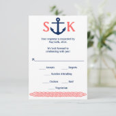 Nautische Anker RSVP Card Navy and Coral (Stehend Vorderseite)