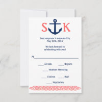 Nautische Anker RSVP Card Navy and Coral