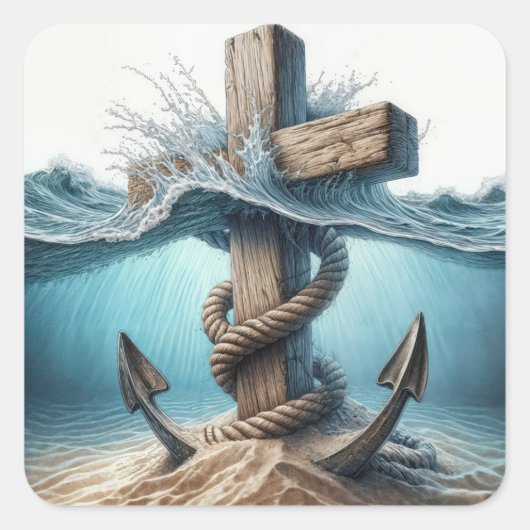 Nautische Anker und Kreuz im Meer Quadratischer Aufkleber (Vorderseite)