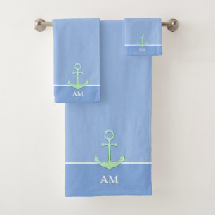 Nautische Anker und Monogramm auf hellblau Badhandtuch Set