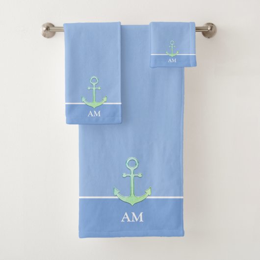 Nautische Anker und Monogramm auf hellblau Badhandtuch Set (Insitu)