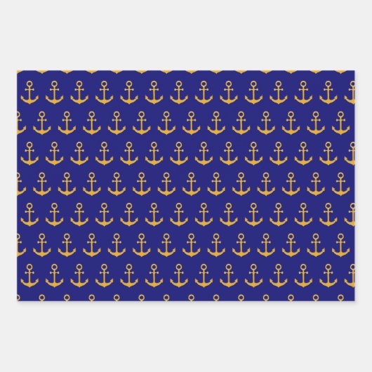 Nautische Anker- und Schiffsmuster auf marineblau Geschenkpapier Set (Vorderseite)