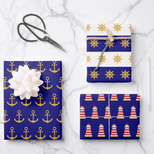 Nautische Anker- und Schiffsmuster auf marineblau Geschenkpapier Set (Vorderseite)