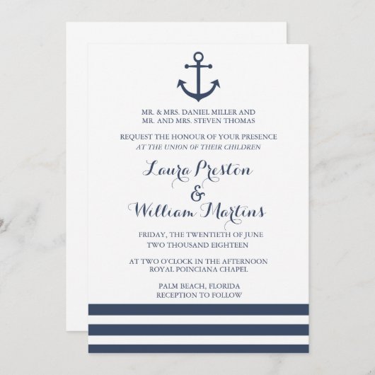Nautische Anker- und Streifenhochzeit Einladung (Vorne/Hinten)