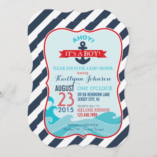 Nautische Anker- und Stripe-Babydusche Einladung (Vorne/Hinten)