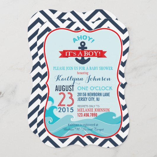 Nautische Anker und Zickzack Babydusche Einladung (Vorne/Hinten)