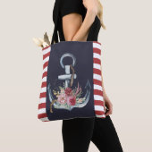 Nautische Ankerblume, Navy Blue, Rote Streifen Tasche (Von Nahem)