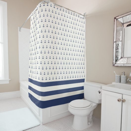 Nautische Ankerküste Streifen Navy Blue Creme Duschvorhang (Beispiel)