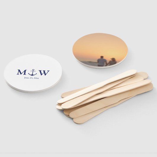 Nautische Ankernacht blaues Monogramm Foto Hochzei Fächer (Non-assembled)