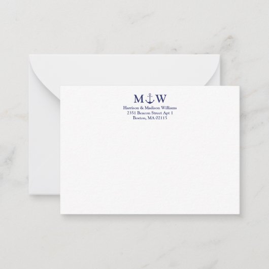 Nautische Ankernacht blaues weißes Paar monogramm Mitteilungskarte (Vorderseite)