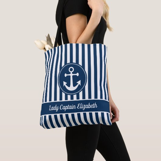 Nautische Ankerseil Navy Blue Stripes Custom Tasche (Von Nahem)