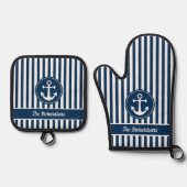 Nautische Ankerseil Navy White Stripes Custom Ofenhandschuh & Topflappen-Set (Vorderseite)