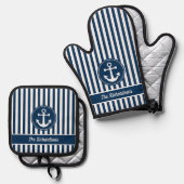Nautische Ankerseil Navy White Stripes Custom Ofenhandschuh & Topflappen-Set (Vorderseite/Rückseite)