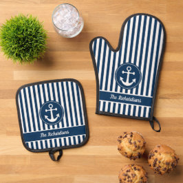 Nautische Ankerseil Navy White Stripes Custom Ofenhandschuh & Topflappen-Set
