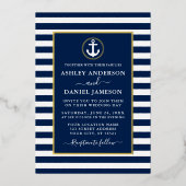 Nautische Ankerstreifen mit blauem Gold Folieneinladung (Vorderseite)