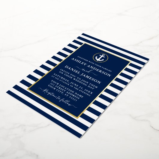 Nautische Ankerstreifen mit blauem Gold Folieneinladung (Gedreht)