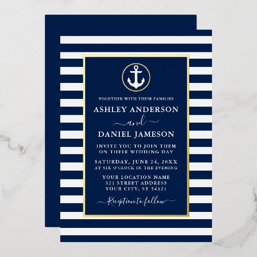 Nautische Ankerstreifen mit blauem Gold Folieneinladung (Vorderseite/Rückseite)