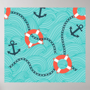 Nautische Attribute Freehand Nahtloses Muster Poster