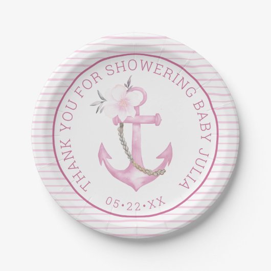 Nautische Baby-Duschpapier-Teller | Pink Anchor Th Pappteller (Vorderseite)