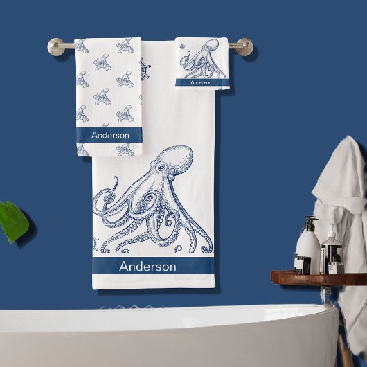 Nautische Badewanne Seefahrt Blauer Oktopus Badhandtuch Set
