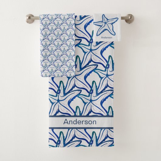 Nautische Badezimmer Navy Blue Starfish Muster Bat Badhandtuch Set (Insitu)