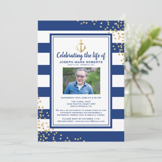 Nautische Beerdigung | Feiern zum Foto des Lebens Einladung (Stehend Vorderseite)