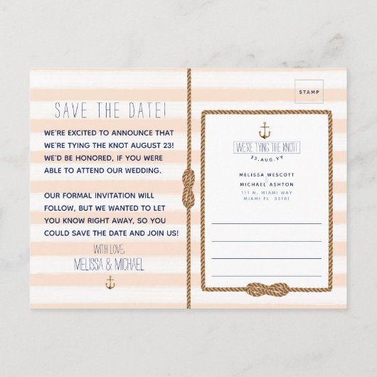 Nautische Bindung der Wasserfarbe Save the Date Ankündigungspostkarte (Rückseite)