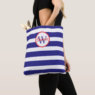 Nautische Blau-Weiß gestreifte Monogramm Tasche