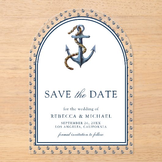 Nautische blaue Ankerhochzeit speichern das Datum Acryleinladungen (Vorderseite)