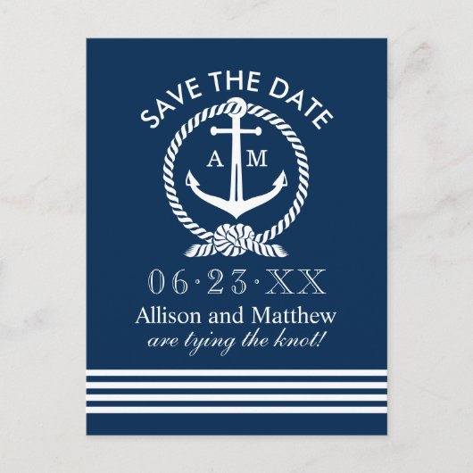 Nautische blaue Ankerhochzeit speichern das Datum Ankündigungspostkarte (Vorderseite)