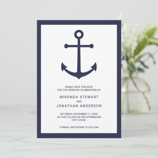 Nautische blaue Ankerhochzeit speichern das Datum Save The Date (Stehend Vorderseite)