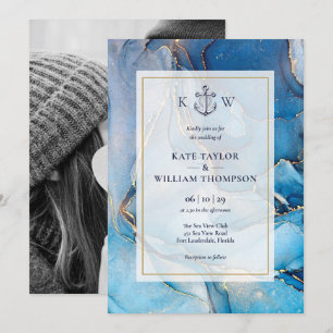 Nautische Blaue Gold Achat-Monogramm-Hochzeitsfoto Einladung