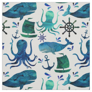 Nautische Blaue Wasserfarbe Tintenfische Meeresfis Stoff