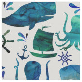 Nautische Blaue Wasserfarbe Tintenfische Meeresfis Stoff (Nahaufnahme)