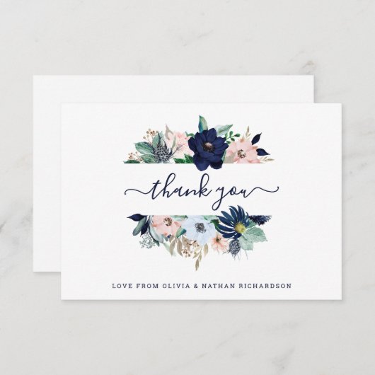 Nautische Blume Hochzeit in Blau und Rosa Dankeskarte (Vorne/Hinten)