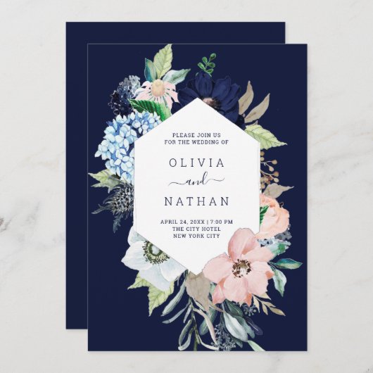 Nautische Blume Hochzeit Navy Blue und Blush Pink Einladung (Vorne/Hinten)