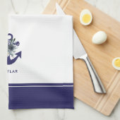 Nautische Blume | Navy Blue Floral Anchor Geschirrtuch (Viertel Falte)