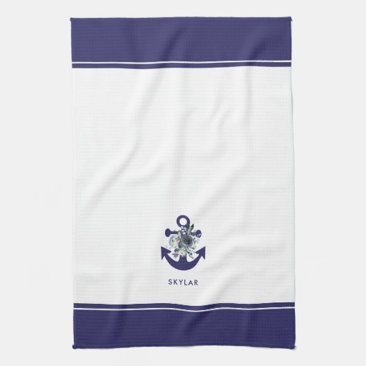 Nautische Blume | Navy Blue Floral Anchor Geschirrtuch (Vertikal)