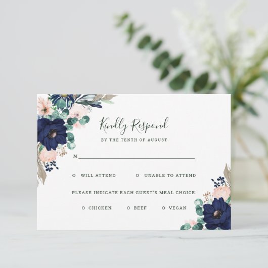 Nautische Blume Wahl für Hochzeitsessen und rosa RSVP Karte (Stehend Vorderseite)