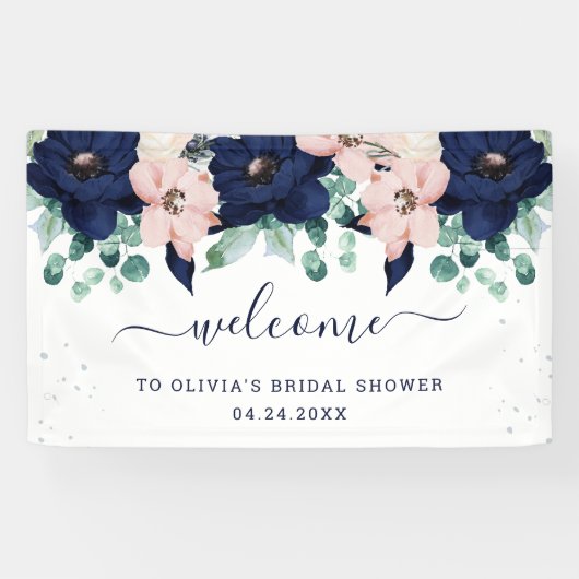 Nautische Blume Willkommen in Navy Blue und Blush Banner (Horizontal)