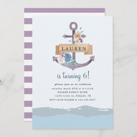 Nautische Blumenanker Geburtstagsfeier Einladung (Vorne/Hinten)